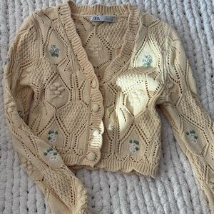 Zara Yellow Knit Cardigan with Floral Accents